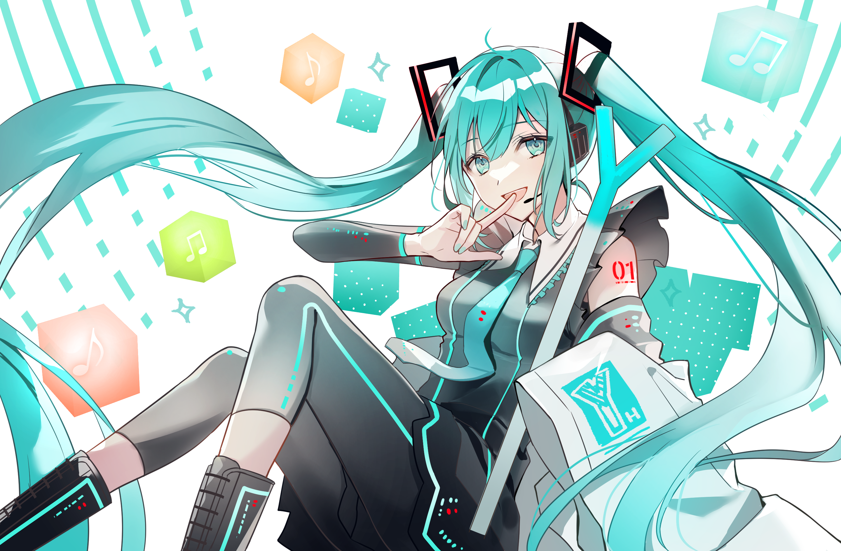 1girl :d aqua_eyes aqua_hair aqua_nails aqua_necktie arm_tattoo black_pants black_shirt black_shoes black_sleeves breasts collared_shirt commentary_request cube detached_sleeves hatsune_miku headset highres long_hair long_sleeves musical_note nail_polish necktie number_tattoo open_mouth pants re_nantoka3 shirt shoes smile solo spring_onion tattoo twintails vocaloid white_background
