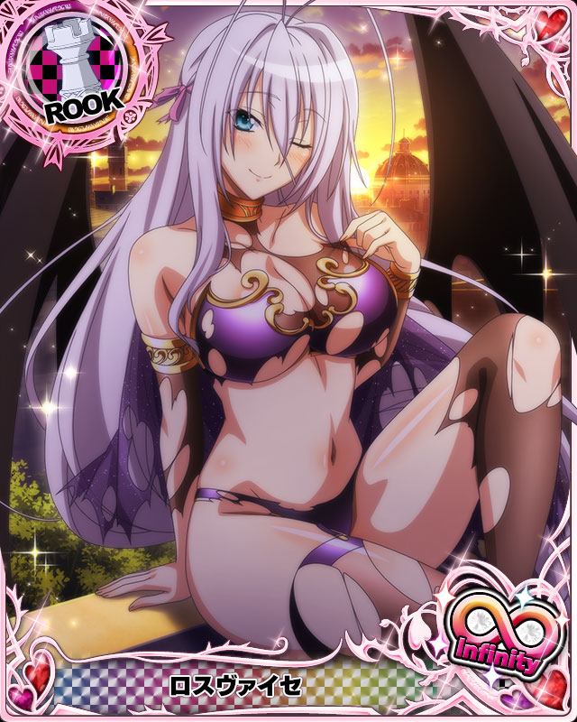 1girl antenna_hair arm_support blue_eyes breasts card_(medium) chess_piece demon_girl demon_wings detached_sleeves grey_hair hair_between_eyes heart high_school_dxd high_school_dxd_infinity large_breasts long_hair looking_at_viewer navel official_art one_eye_closed outdoors rook_(chess) rossweisse sitting smile solo thighhighs torn_clothes very_long_hair wings