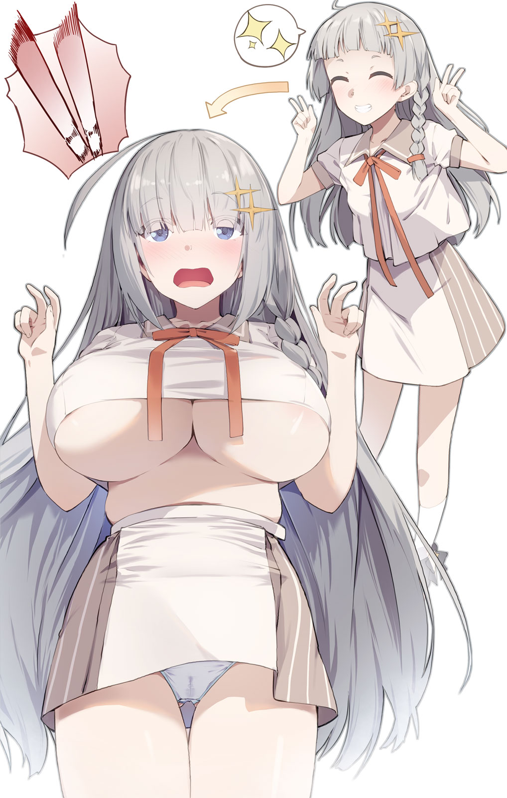 ! !! 1girl ^_^ aged_up arrow_(symbol) blush braid breasts brown_skirt cameltoe closed_eyes collared_shirt commentary_request commission double_v grey_hair grin hands_up highres kanzen_bouon kizuna_akari kizuna_akari_(tsubomi) large_breasts long_hair multiple_views panties pixiv_commission shirt simple_background single_braid skirt smile socks spoken_exclamation_mark spoken_sparkle striped_clothes striped_skirt underboob undersized_clothes underwear v vertical-striped_clothes vertical-striped_skirt very_long_hair voiceroid white_background white_panties white_shirt white_socks