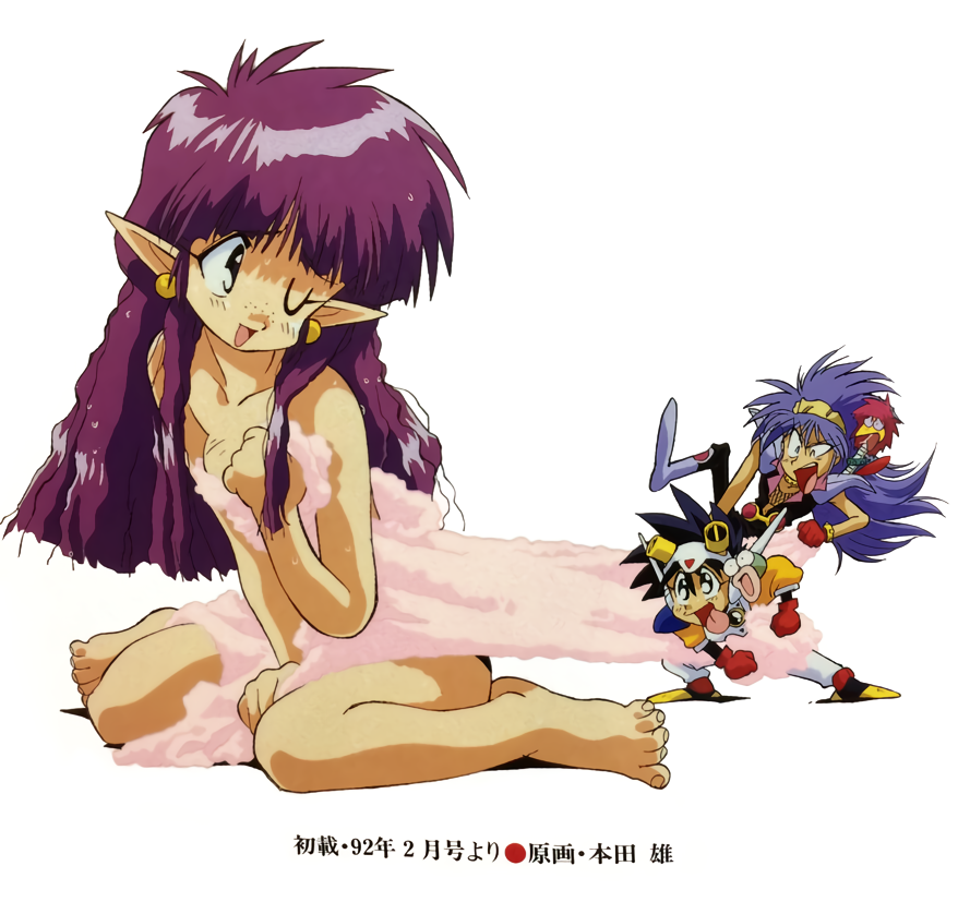 1990s_(style) 1992 1girl 2boys arara_cocoa baba_lamune barefoot black_hair blue_hair da_cider dated earrings freckles gloves headgear hebimetako jewelry long_hair mini_person miniboy multiple_boys naked_towel ng_knight_lamune_&amp;_40 official_art one_eye_closed open_mouth pointy_ears pq_(lamune) purple_hair retro_artstyle simple_background sitting towel towel_pull wariza white_background