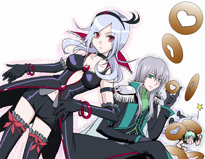 00s 1girl 2boys albino bangle bike_shorts black_gloves black_neckwear black_shorts black_thighhighs bow bracelet breasts cape choker clothing_cutout coat donut dutch_angle eas_(fresh_precure!) elbow_gloves epaulettes food fresh_precure! gloves green_eyes green_hair hairband heart heart_cutout higashi_setsuna jewelry long_hair lying masako_(sabotage-mode) medium_breasts minami_shun multiple_boys nishi_hayato on_stomach open_mouth outline precure red_eyes short_hair shorts souler souler_(fresh_precure!) star_(symbol) thighhighs wester wester_(fresh_precure!) white_background white_hair