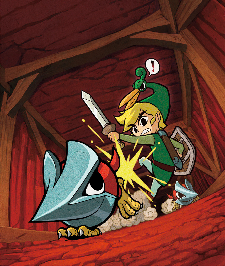 ! belt blonde_hair brown_belt ezlo green_headwear green_tunic helmasaur holding holding_shield holding_sword holding_weapon indoors link mineshaft monster nintendo official_art pointy_ears shield short_hair speech_bubble sword the_legend_of_zelda the_legend_of_zelda:_the_minish_cap toon_link tunic weapon