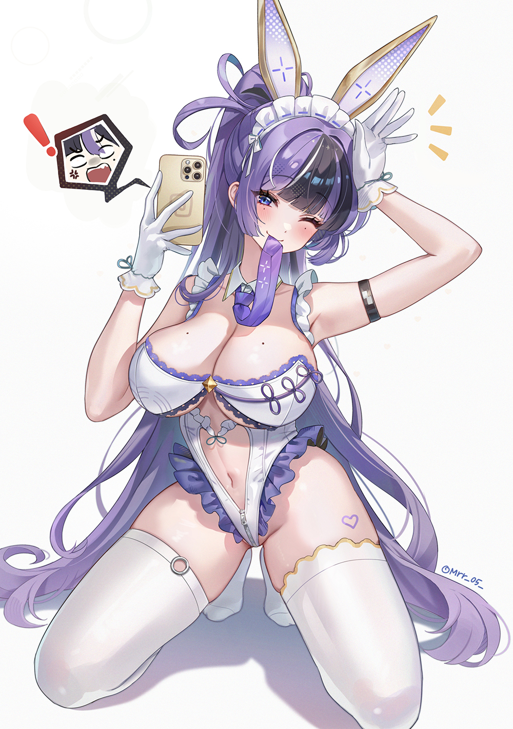 2girls alternate_costume animal_ears black_hair breasts cleavage clothing_cutout commentary gloves goddess_of_victory:_nikke half-sisters highres holding holding_phone jien_(nikke) kneeling large_breasts leotard long_hair mouth_hold mrr_05 multicolored_hair multiple_girls navel necktie necktie_in_mouth one_eye_closed phone playboy_bunny purple_eyes purple_hair rabbit_ears spoken_character stomach_cutout symbol-only_commentary syuen_(nikke) thighhighs thighs twitter_username two-tone_hair white_gloves white_leotard white_thighhighs