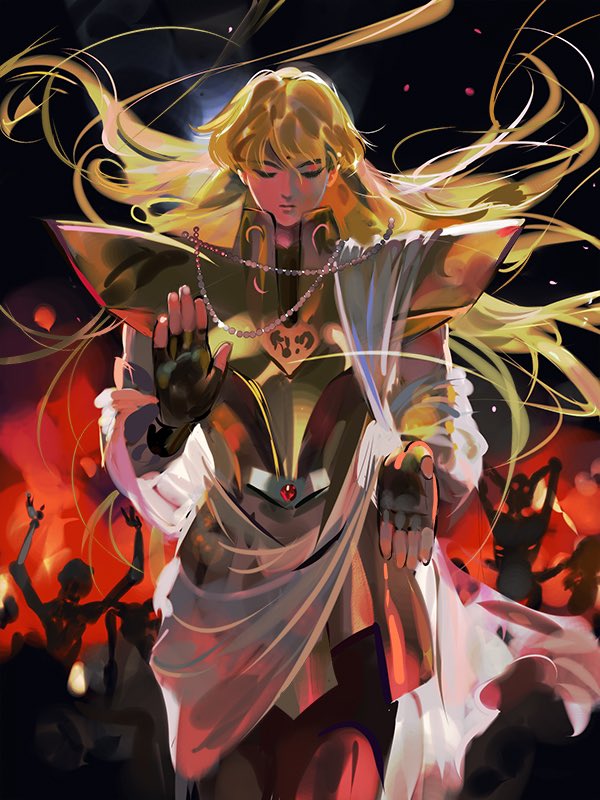 1boy abhaya_mudra armor beads blonde_hair buddhism burning closed_eyes corpse emg_(christain) facial_mark fingerless_gloves fire floating_hair forehead_mark gem gloves gold_armor hands_up long_hair male_focus mudra night pants prayer_beads saint_seiya sash solo_focus virgo_shaka wind