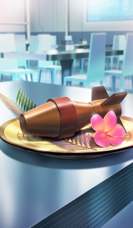 beppu_mitsunaka blue_background blurry blurry_background chocolate commentary fate/grand_order fate_(series) flower food food_art food_focus garnish hibiscus indoors leaf no_humans official_art pink_flower plate still_life third-party_source weapon_request
