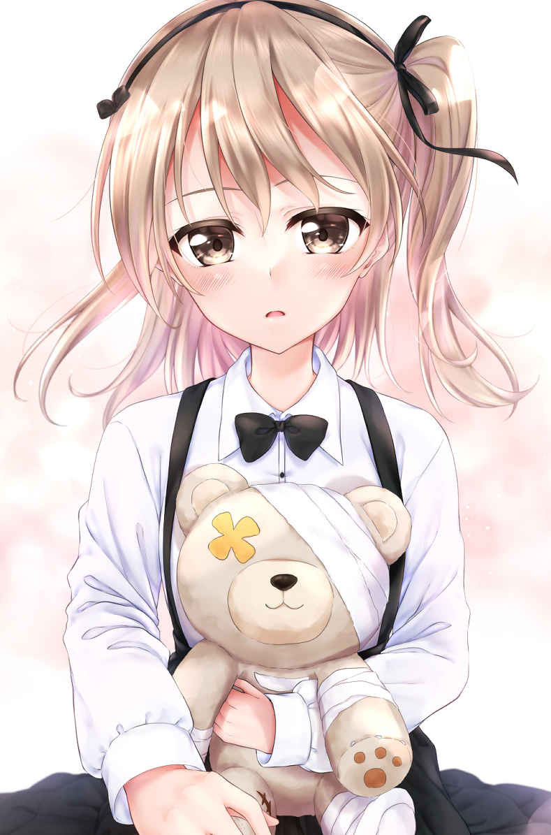 1girl black_bow black_bowtie black_ribbon black_skirt blush boko_(girls_und_panzer) bow bowtie brown_eyes casual collared_shirt commentary_request girls_und_panzer hair_ribbon high-waist_skirt holding holding_stuffed_toy layered_skirt light_brown_hair light_frown long_hair long_sleeves looking_at_viewer mini_dang01 one_side_up parted_lips partial_commentary ribbon shimada_arisu shirt skirt solo standing stuffed_animal stuffed_toy suspender_skirt suspenders teddy_bear white_shirt wind