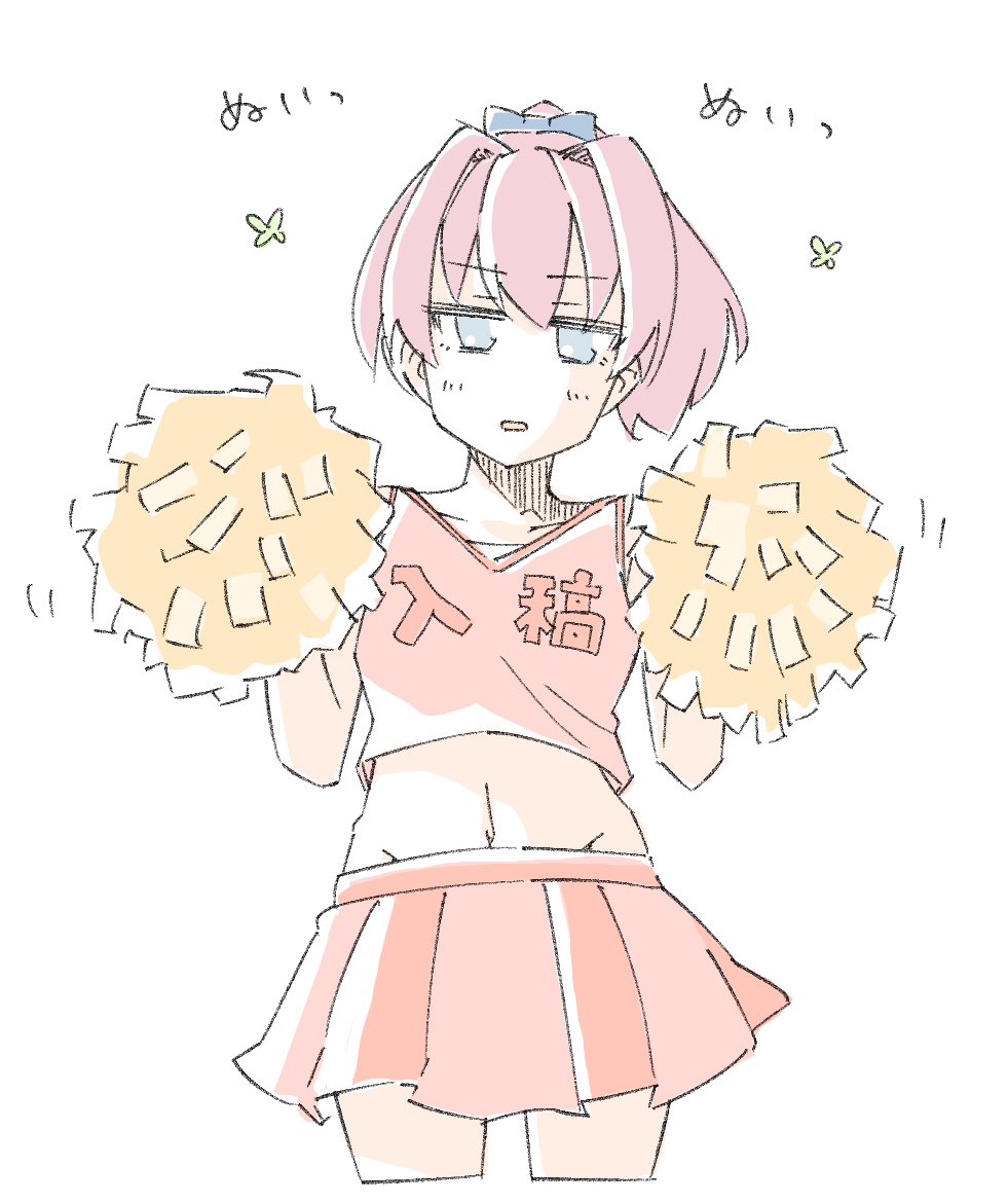 1girl alternate_costume blue_eyes cheerleader commentary_request cowboy_shot holding holding_pom_poms kantai_collection midriff pleated_skirt pom_pom_(cheerleading) pom_poms ponytail purple_hair red_shirt red_skirt shiranui_(kancolle) shirt short_hair simple_background skirt sleeveless sleeveless_shirt solo tatahai white_background
