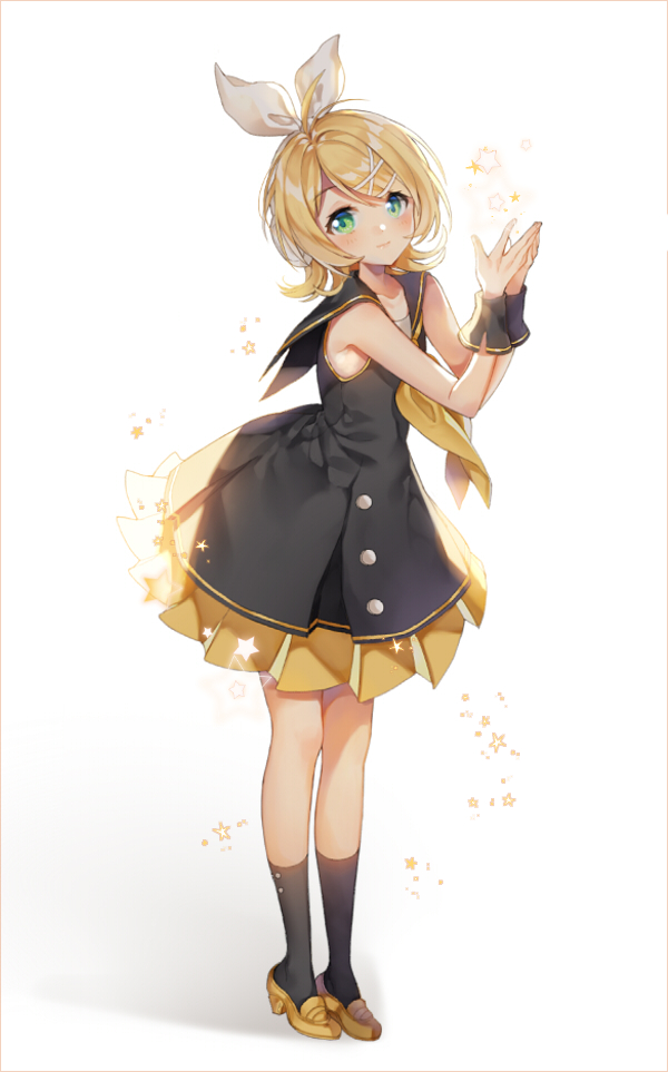 1girl ahoge black_dress black_sailor_collar black_socks brown_neckerchief brown_shoes closed_mouth dress female_focus full_body green_eyes hair_ornament hair_ribbon hairclip hands_up kagamine_rin loafers looking_at_viewer neckerchief pingo pleated_dress ribbon sailor_collar sailor_dress shoes sleeveless sleeveless_dress socks solo sour_model_(mikumikudance) standing star_(symbol) vocaloid white_background white_ribbon wrist_cuffs x_hair_ornament
