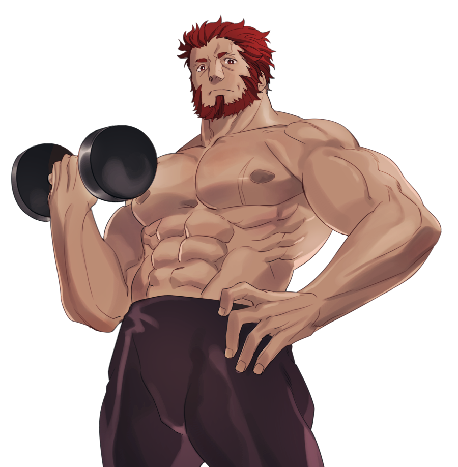 1boy abs bara beard biceps cowboy_shot dark-skinned_male dark_skin dumbbell exercising expressionless facial_hair fate/zero fate_(series) full_beard halorane holding holding_dumbbell iskandar_(fate) large_hands large_pectorals looking_at_viewer male_focus mature_male muscular muscular_male navel nipples pants pectorals red_eyes red_facial_hair red_hair sanpaku scar scar_on_chest short_hair shredded_muscles solo thick_beard thick_eyebrows thighs topless_male weightlifting