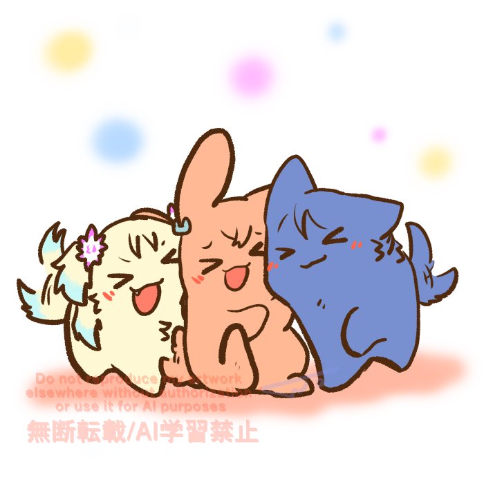 &gt;_&lt; :3 :d animal animal_focus animalization commentary_request dog ear_wiggle flower hair_flower hair_ornament hikaze26 hinoshita_kaho link!_like!_love_live! love_live! murano_sayaka no_humans open_mouth osawa_rurino pink_flower rabbit rabbit_hair_ornament smile tail tail_wagging v-shaped_eyebrows virtual_youtuber watermark wolf x3 xd