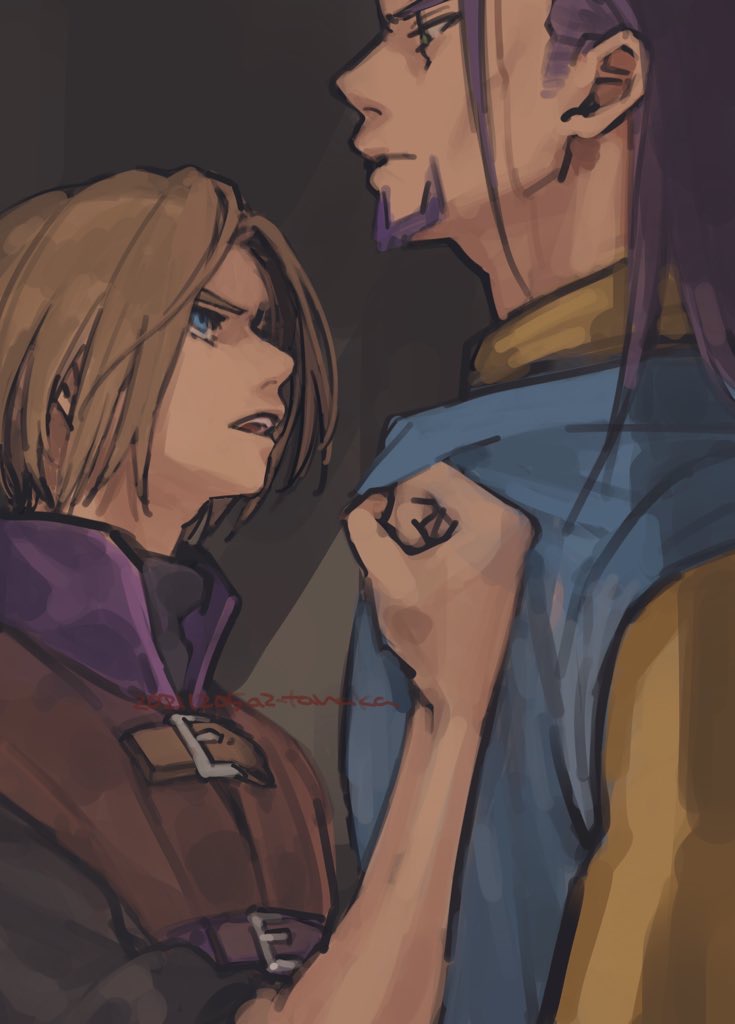 2boys black_shirt blue_eyes blue_tunic brown_hair brown_tunic clothes_grab commentary_request dragon_quest dragon_quest_xi facial_hair green_eyes greig_(dq11) grey_background height_difference hero_(dq11) hotaru1012 long_hair looking_down looking_up male_focus medium_hair multiple_boys open_mouth parted_hair profile purple_hair purple_tunic shirt shirt_grab sleeves_rolled_up teeth tunic upper_body upper_teeth_only yellow_shirt