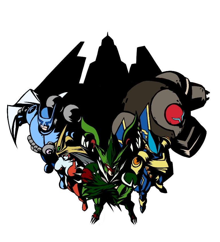 1girl 3boys bad_id bad_pixiv_id black_hair breasts claws cleavage colored_skin crossed_arms duel_monster e-heroes elemental_hero_avian elemental_hero_bubbleman elemental_hero_burstinatrix elemental_hero_clayman elemental_hero_sparkman from_above full_body green_eyes green_hair grey_skin mask multiple_boys simple_background standing white_background yu-gi-oh! yu-gi-oh!_gx