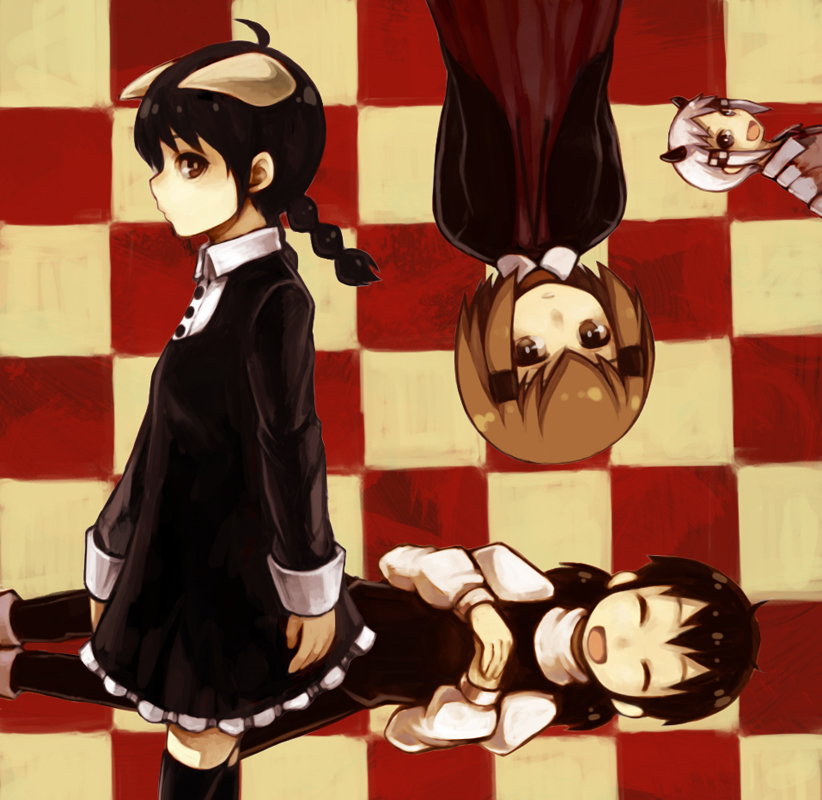 4girls akita&#039;s_sister_(akitaland_gothic) akita_(akitaland_gothic) akitaland_gothic asahi_(akitaland_gothic) black_dress black_hair black_thighhighs brown_hair checkered_background closed_eyes commentary_request dress expressionless haruhito_(divineshalt) horns komachi_(akitaland_gothic) looking_at_viewer multiple_girls short_hair smile thighhighs white_hair zettai_ryouiki