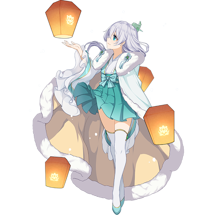 1girl blue_eyes chinese_clothes coat full_body fur-trimmed_coat fur_trim green_shoes green_skirt hair_ornament holding holding_instrument honkai_(series) honkai_impact_3rd instrument lantern long_hair official_art paper_lantern parted_lips shoes skirt solo tassel theresa_apocalypse thighhighs third-party_source transparent_background white_hair white_thighhighs zhuge_kongming_(honkai_impact)