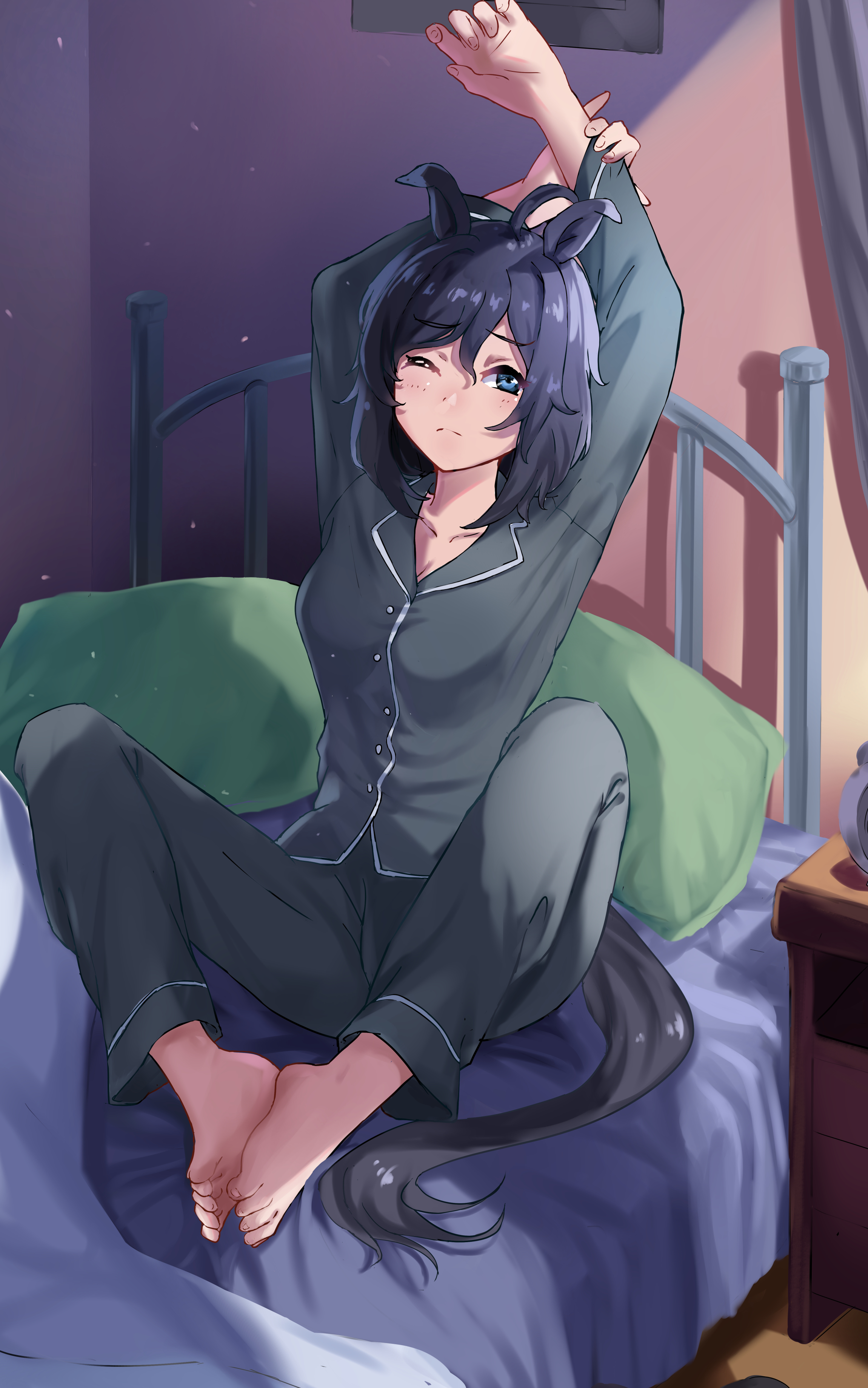 1girl absurdres alternate_costume animal_ears arms_up barefoot bed bed_frame black_hair black_pajamas blanket breasts cleavage commentary_request eishin_flash_(umamusume) evefly_megane_p feet hair_between_eyes highres horse_ears horse_girl horse_tail indoors medium_breasts messy_hair on_bed one_eye_closed pajamas short_hair soles_together solo tail toes umamusume waking_up