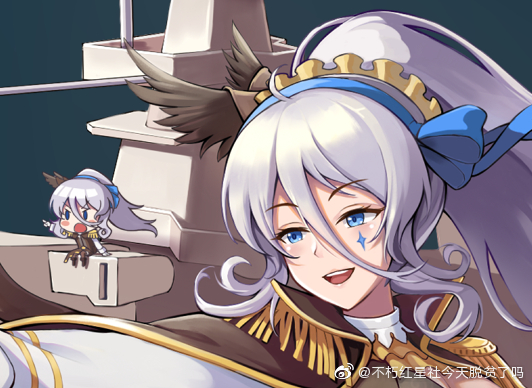 1girl 2girls blue_eyes blue_ribbon buxiuhongxingshe_jintiantuopinlema chibi epaulettes facial_tattoo hair_between_eyes hair_ribbon hairband long_hair military military_uniform mini_person minigirl multiple_girls open_mouth ponytail ribbon smile tattoo warship_girls_r washington_(warship_girls_r) watermark weibo_watermark white_hair