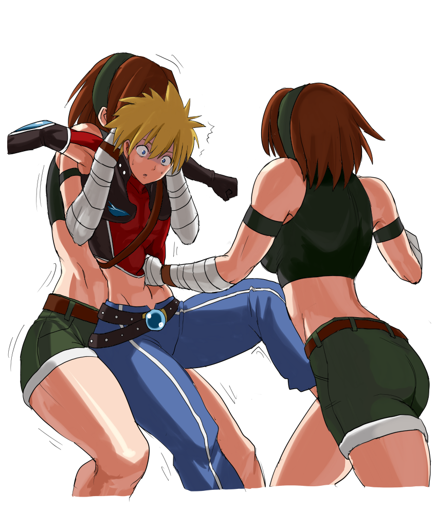 1boy 2girls 78_(tky8) bandaged_arm bandages bandit_(tales_of_destiny_2) belt black_shirt black_sports_bra blonde_hair blue_eyes blue_pants breasts brown_belt brown_gloves brown_hair commentary_request cowboy_shot cropped_torso elbow_gloves fingerless_gloves gloves green_headband green_shorts hair_between_eyes headband kyle_dunamis large_breasts long_bangs looking_at_another midriff multiple_girls navel open_mouth pants punching red_shirt restrained shirt short_hair shorts simple_background spiked_hair sports_bra stomach_punch tales_of_(series) tales_of_destiny tales_of_destiny_2 two-tone_shirt white_background