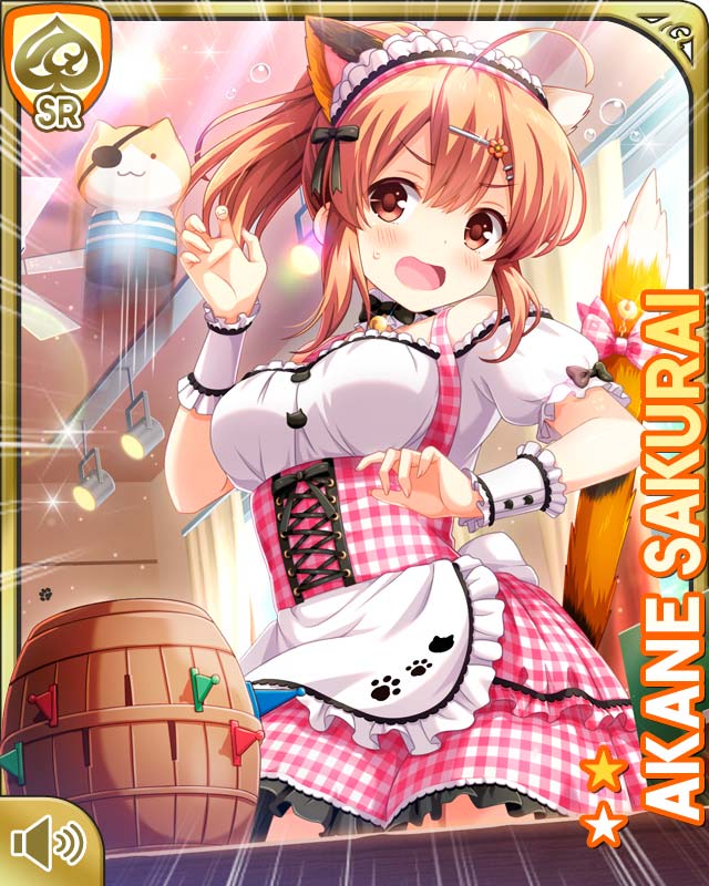 1girl animal_ears apron black_neckwear bow brown_eyes brown_hair cafe card_(medium) cat_ears cat_tail day dress fake_animal_ears fake_animal_tail girlfriend_(kari) hair_ornament indoors looking_at_viewer official_art open_mouth panic pink_dress qp:flapper sakurai_akane_(girlfriend_(kari)) standing tagme tail