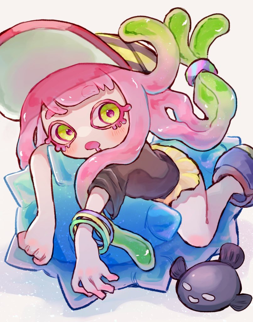 1girl baseball_cap black_shirt bracelet c.q._cumber_(splatoon) clownfish colored_eyelashes drooling fish green_eyes green_hair harmony&#039;s_clownfish_(splatoon) harmony_(splatoon) hat jewelry long_hair lying miniskirt multicolored_footwear multicolored_hair multicolored_headwear nintendo no_nose on_stomach open_mouth pink_hair pleated_skirt sea_cucumber shirt short_sleeves simple_background skirt splatoon_(series) splatoon_3 striped_clothes striped_headwear tebasaki_(teba_illust) tentacle_hair tropical_fish two-tone_hair white_background yellow_skirt