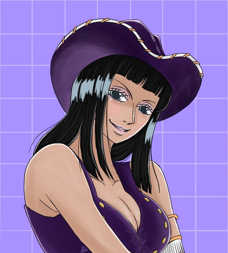 1girl armlet bare_shoulders black_hair blue_eyes blunt_bangs blunt_ends breasts cleavage cowboy_hat eyelashes hat jewelry lezor looking_at_viewer medium_hair nico_robin nico_robin_(whisky_peak) one_piece purple_background purple_shirt shirt smile solo upper_body