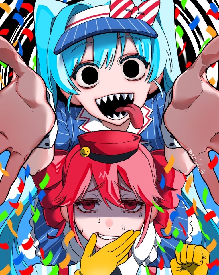2girls alternate_costume black_background blue_background blue_eyes blue_hair blue_sky bow bowtie cloud collared_dress collared_shirt confetti crazy crazy_smile day despair double-parted_bangs dress drill_hair false_smile g_shoku3 gloves grin hair_between_eyes hashtag-only_commentary hat hatsune_miku incoming_hug kasane_teto kepi layered_dress looking_at_viewer mesmerizer_(vocaloid) military_hat multiple_girls open_mouth parted_bangs pinstripe_dress pinstripe_pattern red_eyes red_hat red_trim sailor_collar shaded_face sharp_teeth shirt sky smile solid_circle_eyes striped_bow striped_bowtie striped_clothes suspenders sweat teeth tongue tongue_out twin_drills twintails upper_body utau visor_cap vocaloid white_background white_wrist_cuffs wing_collar wrist_cuffs yellow_gloves