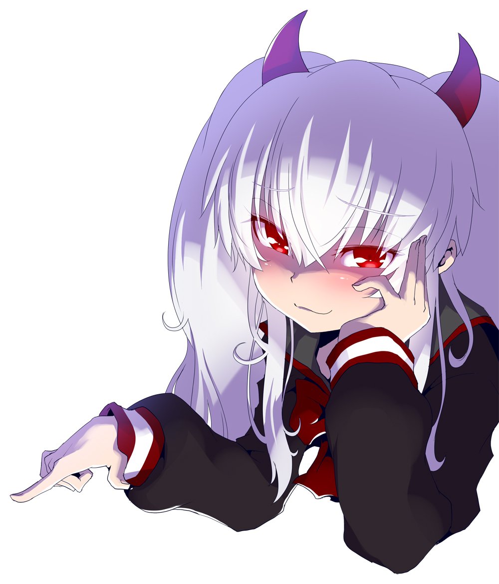 1girl black_serafuku blush commentary_request cropped_torso demon_girl demon_horns grim_aloe hair_between_eyes head_rest horns long_hair looking_at_viewer official_art qma_staff quiz_magic_academy red_eyes school_uniform serafuku simple_background smile solo upper_body white_background white_hair