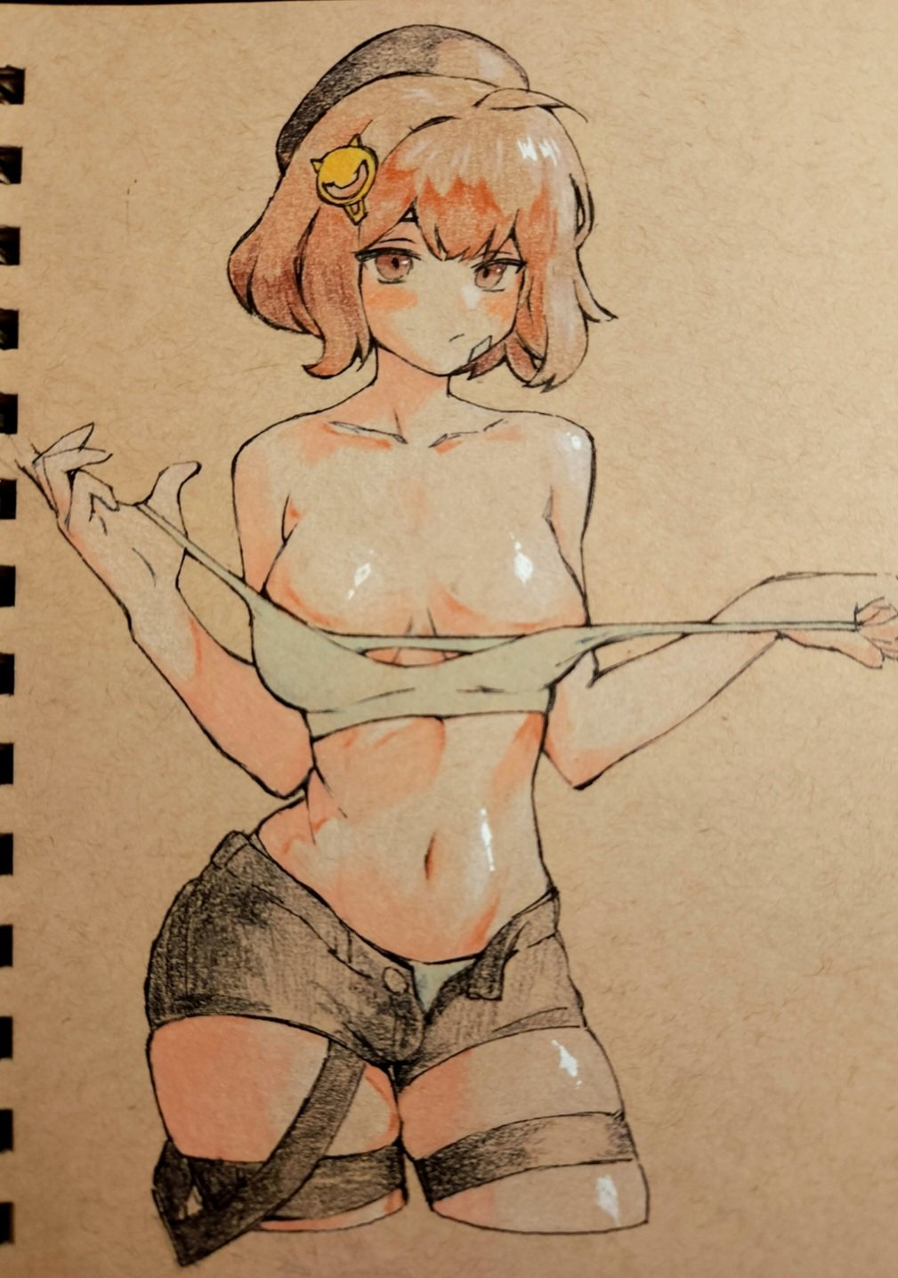 1girl :/ anis_(nikke) bandaid bandaid_on_cheek bandaid_on_face bare_shoulders black_hat black_shorts bra_tug breasts cleavage collarbone commentary_request contrapposto cropped_legs goddess_of_victory:_nikke hair_ornament hairclip hat highres korean_commentary mangpu marker_(medium) medium_breasts navel open_fly orange_hair panties photo_(medium) shiny_skin short_hair short_shorts shorts solo sports_bra thigh_strap traditional_media underwear white_panties white_sports_bra