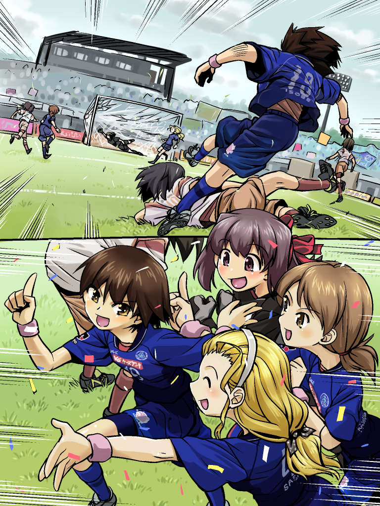 10s 4girls ball black_gloves black_legwear black_shirt blonde_hair blue_legwear blue_shirt blue_shorts brown_hair cleats clothes_lift clothes_writing girls_und_panzer gloves goal hair_slicked_back hairband isobe_noriko j._league kawanishi_shinobu kondou_taeko long_hair midriff mito_hollyhock multiple_girls open_mouth ponytail r-ex running sasaki_akebi shirt shirt_lift short_hair short_ponytail shorts smile soccer_ball soccer_uniform socks sportswear standing wristband yellow_card