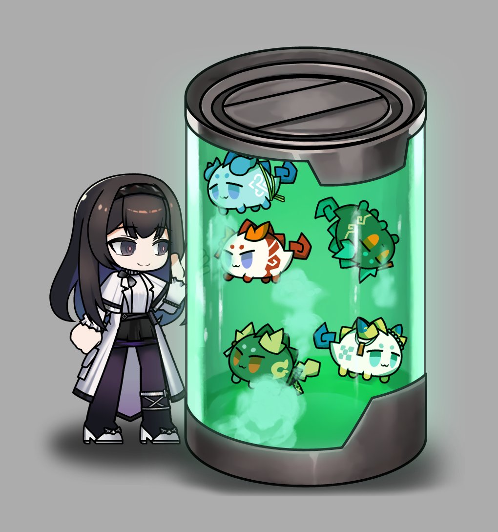 1girl 5others animalization arknights chibi chongyue_(arknights) dragon_bubble_(arknights) dusk_(arknights) grey_background lab_coat ling_(arknights) long_hair multiple_others nian_(arknights) priestess_(arknights) shu_(arknights) smile stasis_tank the_mad_mimic