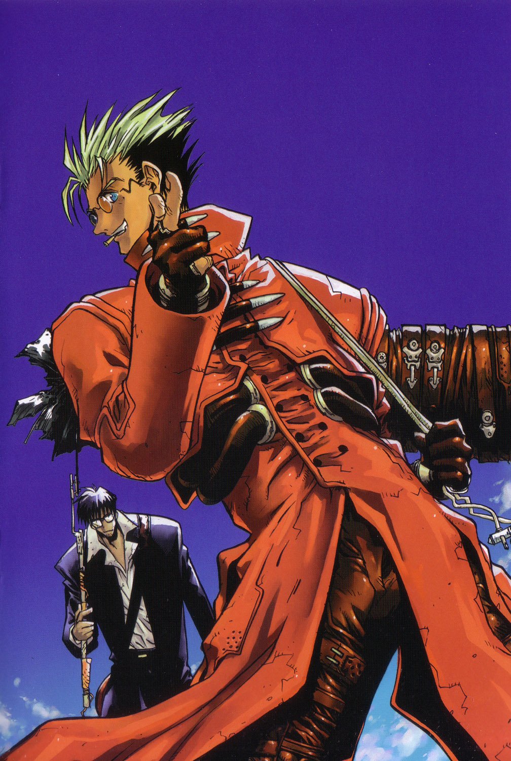 2boys black_hair black_suit blonde_hair coat fingerless_gloves formal_clothes gloves highres mole mole_under_eye multicolored_hair multiple_boys nicholas_d._wolfwood nightow_yasuhiro official_art red_coat round_eyewear scan spiked_hair suit trigun trigun_maximum two-tone_hair vash_the_stampede