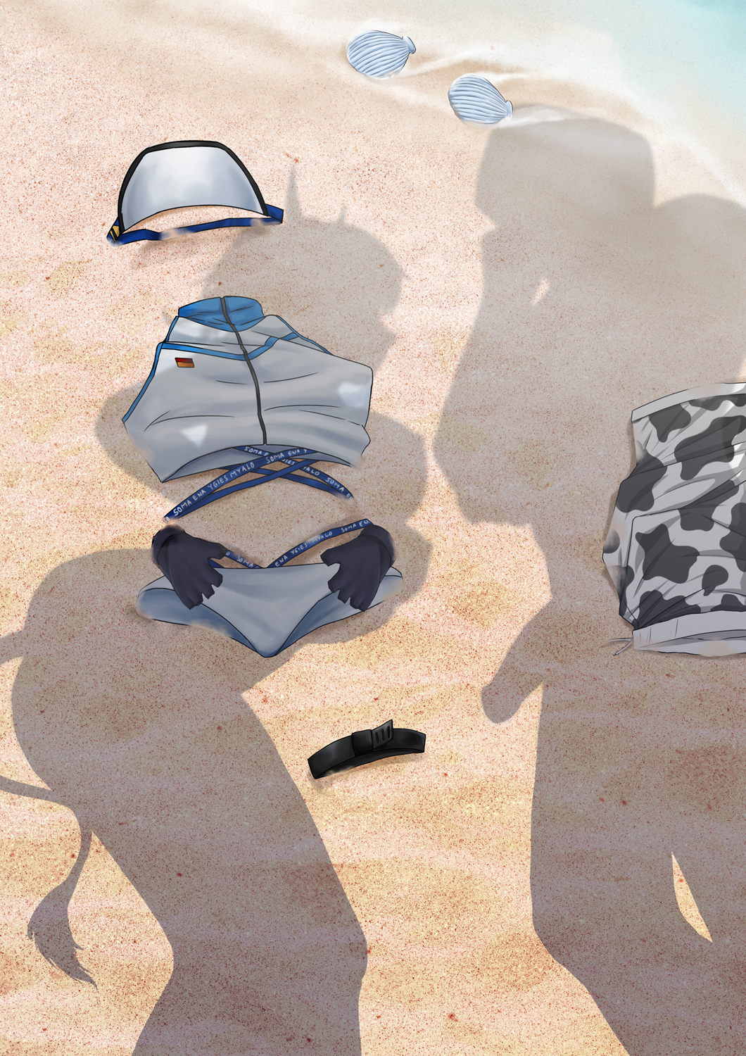 1boy 1girl animal_ears animal_print arknights baseball_cap beach bikini breasts commentary commission cow_print cow_tail day doctor_(arknights) dressed_shadow_(meme) english_commentary erection feet_out_of_frame gloves hat highres invisible lion_girl lion_tail looking_at_another male_doctor_(arknights) male_swimwear meme navel outdoors penis_shadow sand shadow shadyoaks_(lucknuts) short_hair sideroca_(arknights) sideroca_(light_breeze)_(arknights) solo striped_bikini striped_clothes swimsuit tail thigh_strap virtual_youtuber white_bikini