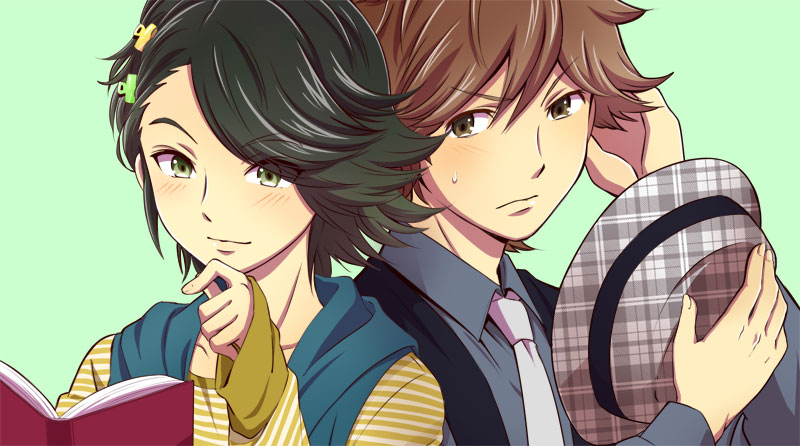 2boys bad_id bad_pixiv_id black_hair blush book brown_eyes brown_hair fedora green_eyes hair_ornament hat hidari_shoutarou holding holding_unworn_clothes holding_unworn_hat kamen_rider kamen_rider_w male_focus multiple_boys necktie philip philip_(kamen_rider) simple_background sweatdrop unworn_hat unworn_headwear yukihira
