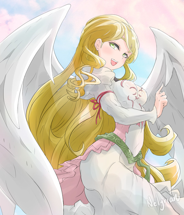 1girl angel_wings bird blonde_hair breasts commission feathered_wings fire_emblem fire_emblem:_path_of_radiance fire_emblem:_radiant_dawn green_eyes green_sash heron laguz_(fire_emblem) leanne_(fire_emblem) light_blush long_hair looking_at_viewer nelyrian1 nintendo open_mouth robe sash smile solo white_robe white_wings wings