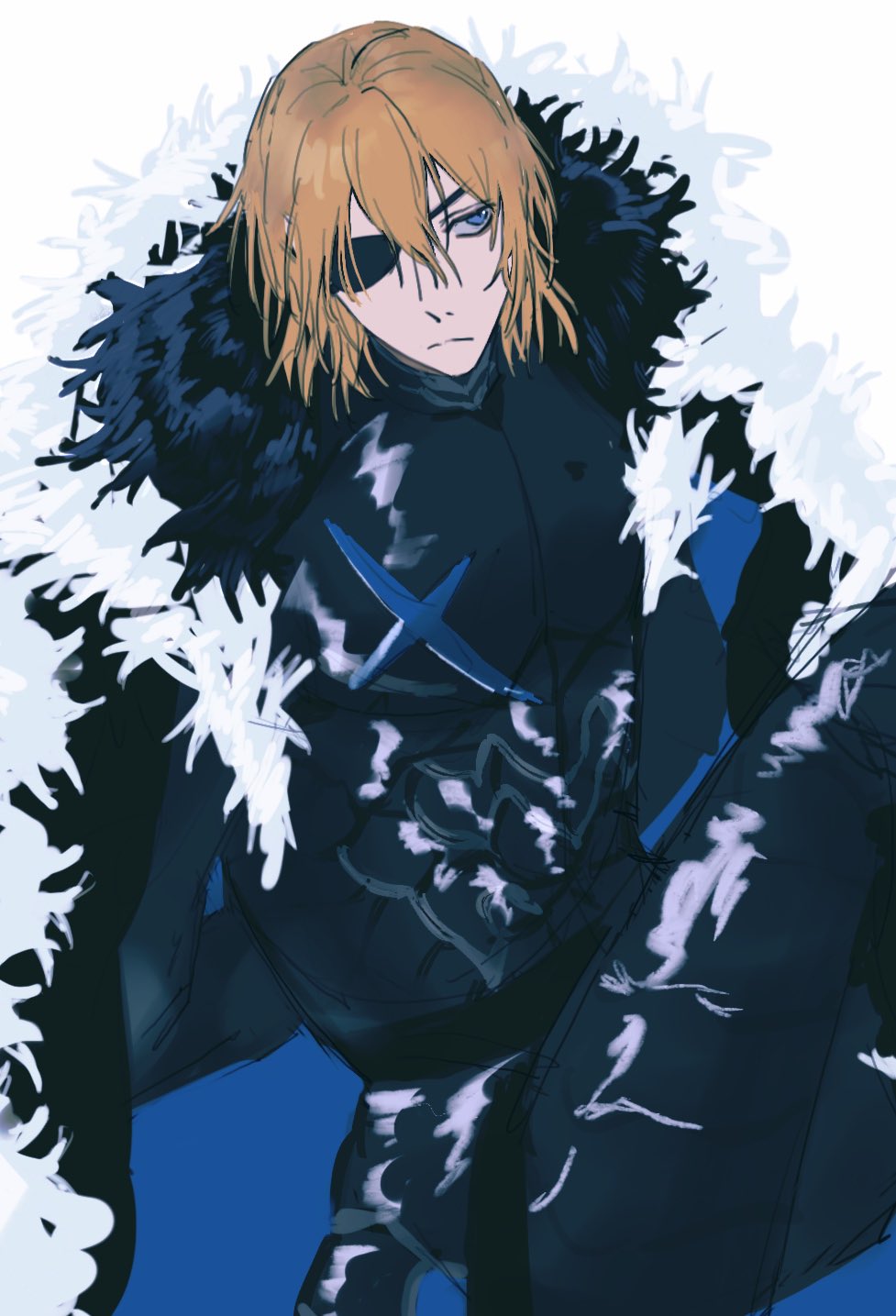 1boy armor black_armor black_fur blonde_hair blue_cape blue_eyes breastplate cape closed_mouth commentary dimitri_alexandre_blaiddyd dimitri_alexandre_blaiddyd_(timeskip) double-parted_bangs eyepatch faulds feet_out_of_frame fire_emblem fire_emblem:_three_houses frown hair_between_eyes hashtag-only_commentary highres looking_to_the_side male_focus nintendo one_eye_covered sibu85_maho sideways_glance solo white_background white_fur