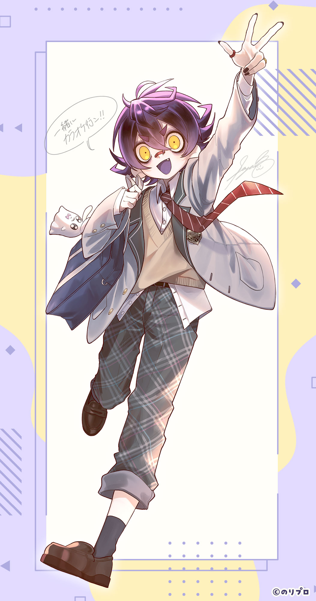 1boy bag beige_sweater_vest belt belt_buckle black_belt black_hair black_nails black_socks blazer blue_bag brown_shoes buckle buttons copyright_name dress_pants highres jacket japanese_text jewelry loafers male_focus necktie noripro official_art pants pin plaid_clothes plaid_pants red_necktie ring round_one school_uniform seto_kazuya setoya shirt shoes shoulder_bag simple_background socks speech_bubble striped_necktie sweater_vest tagme virtual_youtuber white_shirt yellow_eyes