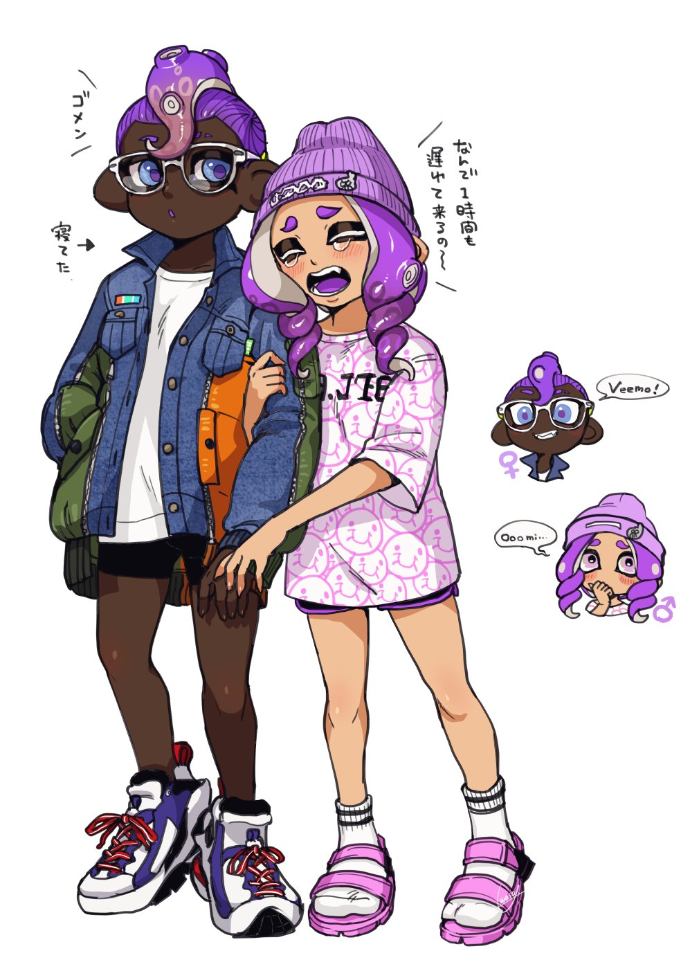 1boy 1girl arm_at_side arm_hug arrow_(symbol) bike_shorts black_shorts blue_eyes breast_pocket closed_eyes clothes_writing colored_tongue commentary crying dark-skinned_female dark_skin denim denim_jacket dolphin_shorts drill_hair eyebrow_cut fangs full_body furrowed_brow glasses hand_in_pocket highres holding_another&#039;s_arm jacket long_hair looking_at_another mars_symbol multicolored_footwear multicolored_jacket nintendo octoling octoling_boy octoling_girl octoling_player_character open_mouth parted_lips pink_sandals pocket purple_hair purple_pupils purple_tongue reverse_trap sandals shirt shoes short_hair shorts sneakers socks speech_bubble splatoon_(series) splatoon_3 standing suction_cups symbol-only_commentary tentacle_hair translation_request trap twin_drills venus_symbol very_dark_skin white-framed_eyewear white_footwear white_shirt white_socks yeneny