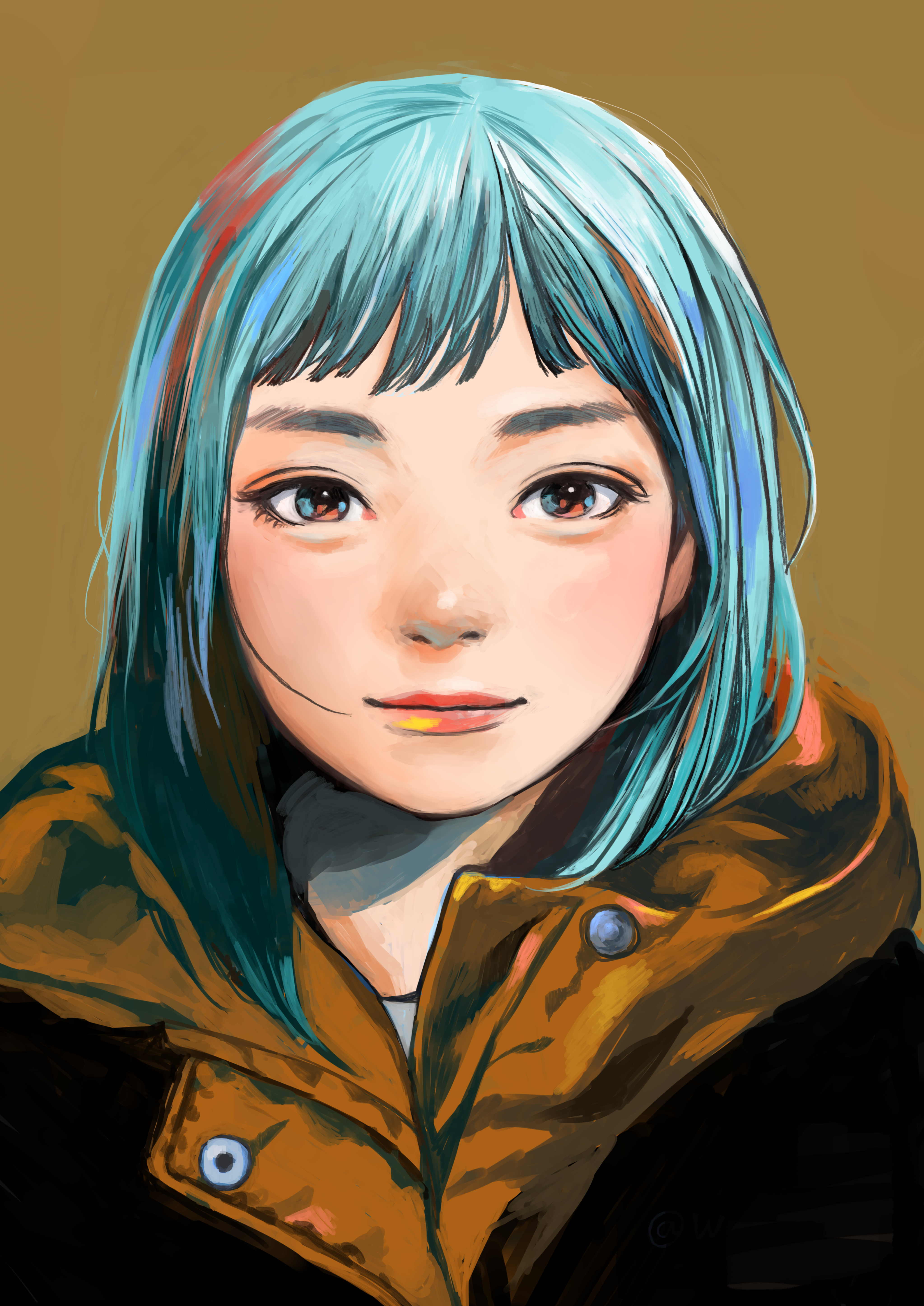 1girl absurdres aqua_hair blue_eyes blue_hair brown_background closed_mouth highres jacket junjunforever lips long_hair looking_at_viewer medium_hair original portrait simple_background smile solo upper_body