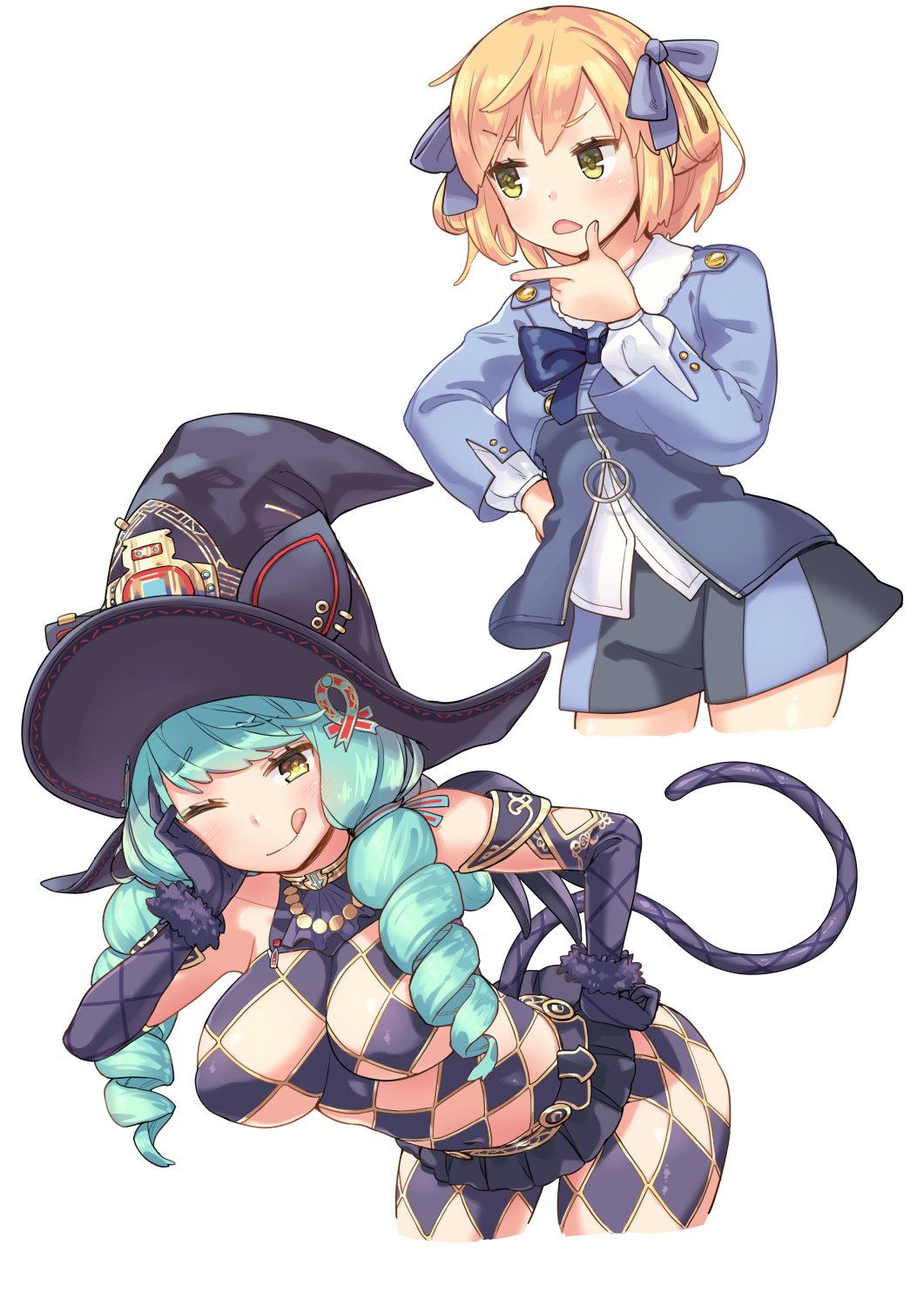 2girls argyle_clothes argyle_cutout argyle_legwear black_gloves blonde_hair breasts clothing_cutout dress drill_hair elbow_gloves fiore_brunelli gloves green_hair hair_ornament hand_on_own_chin hat highres ichirou_(b-led) large_breasts long_hair looking_at_viewer multiple_girls open_mouth revealing_clothes simple_background skirt smile star_ocean star_ocean_anamnesis star_ocean_integrity_and_faithlessness stroking_own_chin tail twin_drills twintails welch_vineyard white_background witch_hat yellow_eyes