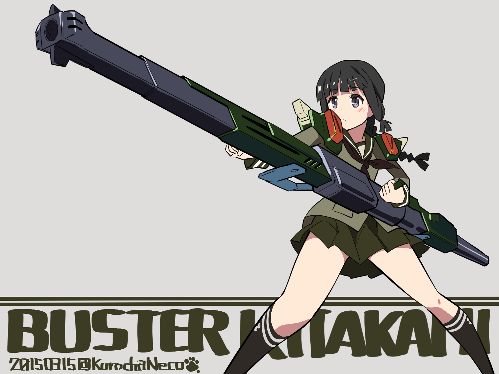 10s 1girl bad_id bad_pixiv_id black_hair blunt_bangs blush braid buster_gundam buster_rifle gun gundam gundam_seed highres hime_cut kantai_collection kitakami_(kancolle) kuro_chairo_no_neko long_hair pleated_skirt purple_eyes rifle school_uniform serafuku sidelocks skirt twitter_username weapon