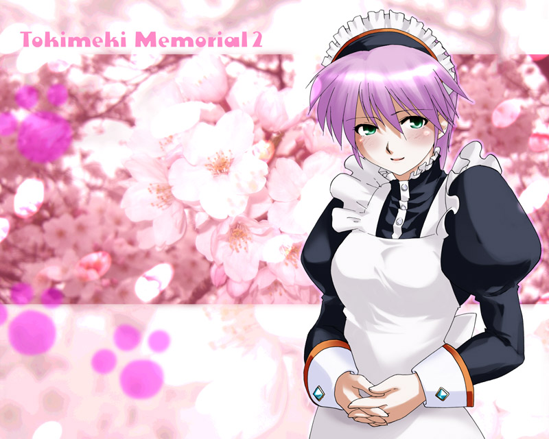 apron blush cherry_blossoms copyright_name green_eyes maid maid_apron maid_headdress pink_hair solo tat tokimeki_memorial tokimeki_memorial_2 yae_kaori