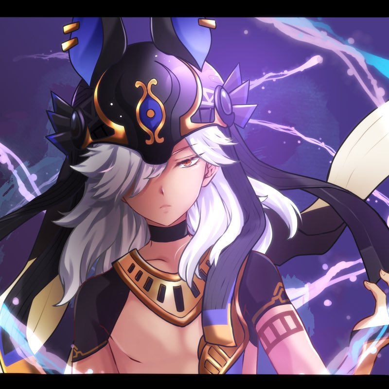 1boy animal_ears animal_ears_helmet animal_helmet closed_mouth cowboy_shot cyno_(genshin_impact) expressionless fake_animal_ears genshin_impact hair_over_one_eye jackal_ears letterboxed long_hair looking_at_viewer male_focus no_nipples orange_eyes oto_o10 purple_background shirt solo usekh_collar white_hair