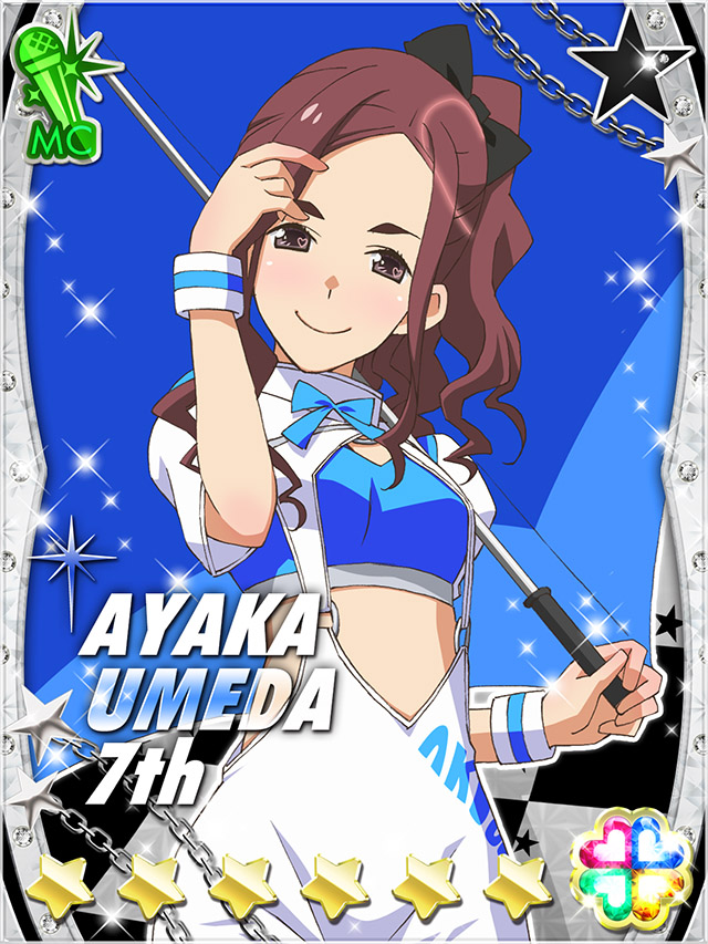 1girl akb0048 bandeau black_bow blue_bandeau blue_umbrella bow brown_eyes brown_hair card_(medium) character_name checkered_background closed_mouth cowboy_shot crop_top hair_bow heart high_side_ponytail holding holding_umbrella jumpsuit long_hair looking_at_viewer midriff non-web_source official_art parasol race_queen short_sleeves smile solo sparkle standing star_(symbol) umbrella umeda_ayaka_(akb0048) wavy_hair white_jumpsuit wristband