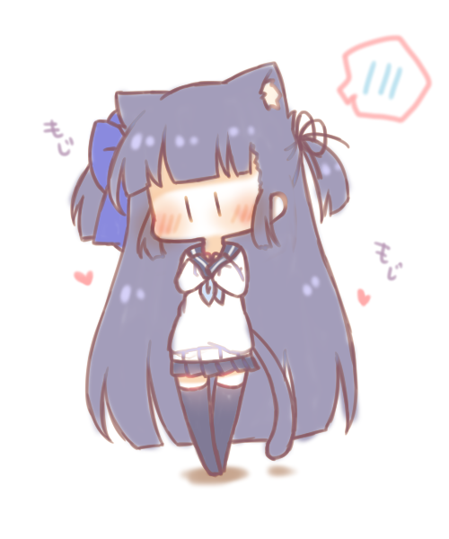1girl animal_ear_fluff animal_ears azur_lane black_hair black_ribbon black_sailor_collar black_skirt black_thighhighs blue_bow blue_neckerchief blush bow cat_ears cat_girl cat_tail female_focus full_body hair_bow hair_ribbon hands_up hatsuharu_(azur_lane) heart long_hair long_sleeves neckerchief pleated_skirt ribbon sailor_collar sakurato_ototo_shizuku school_uniform serafuku shadow skirt sleeves_past_wrists solo spoken_blush standing sweater tail thighhighs two_side_up very_long_hair white_background white_sweater |_|