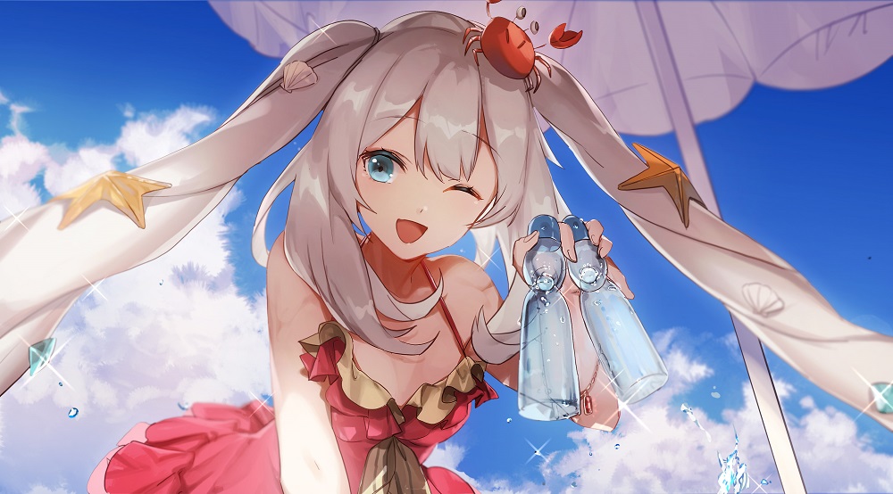 1girl beach_umbrella blue_eyes commentary_request crab day fate/grand_order fate_(series) female_focus hat long_hair marie_antoinette_(fate) marie_antoinette_(swimsuit_caster)_(first_ascension)_(fate) no-kan one-piece_swimsuit one_eye_closed open_mouth ramune red_one-piece_swimsuit silver_hair sky solo starfish_hair_ornament swimsuit twintails umbrella