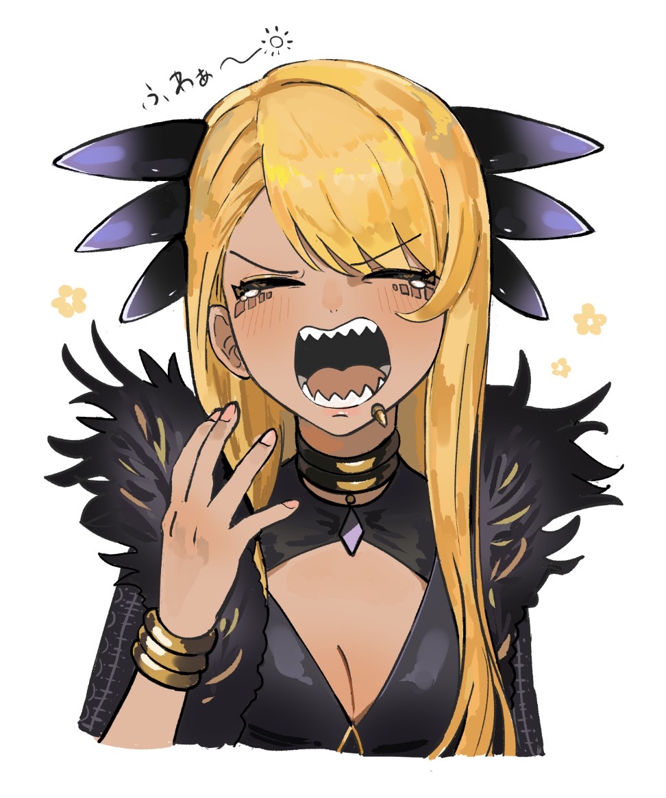 1girl black_dress blonde_hair bracelet breasts chin_piercing cleavage cleavage_cutout closed_eyes clothing_cutout dark-skinned_female dark_skin dragon_girl dragon_horns dress face_piercing facial_mark fate/grand_order fate_(series) fur_collar horns jewelry large_breasts long_hair long_sleeves neck_ring nyokinyoki_18 open_mouth piercing sharp_teeth solo swept_bangs tearing_up teeth vritra_(fate) vritra_(second_ascension)_(fate) yawning
