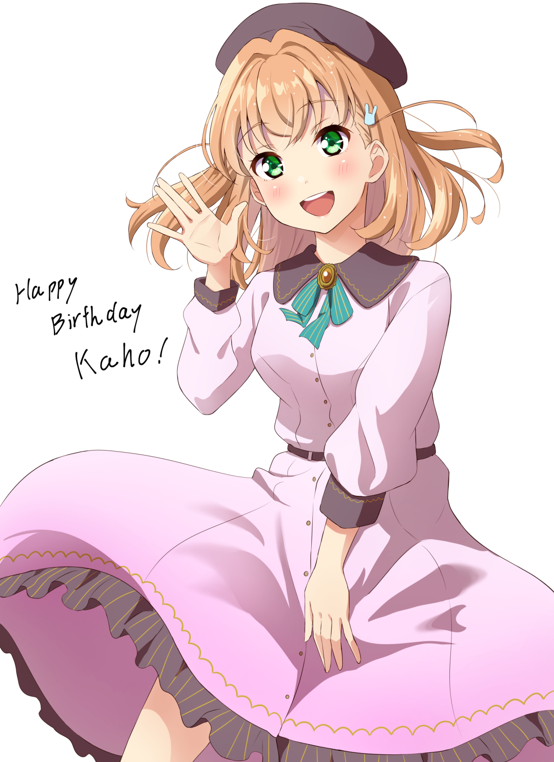 1girl birthday blush breasts character_name commentary dress green_eyes happy_birthday highres hinoshita_kaho link!_like!_love_live! looking_at_viewer love_live! medium_breasts medium_hair orange_hair pink_dress qy73 smile solo two_side_up upper_body virtual_youtuber white_background