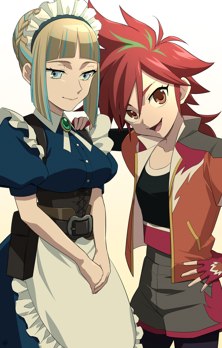 2girls beyblade beyblade_x blonde_hair blue_eyes breasts dress highres maid maid_headdress meiden_meiko multicolored_hair multiple_girls nekki_ai red_eyes red_hair smile