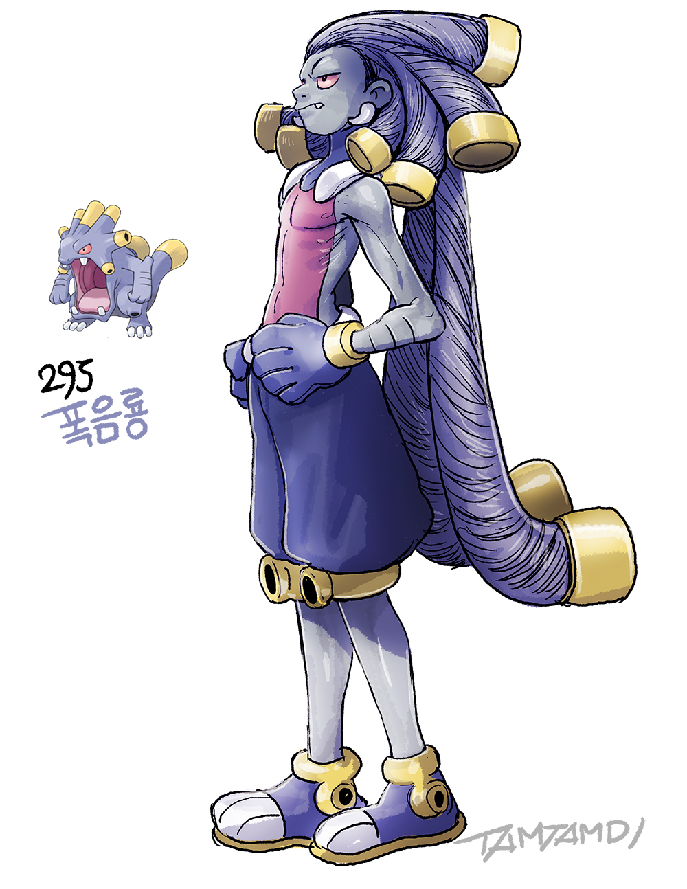 1boy closed_mouth colored_sclera colored_skin commentary creatures_(company) drill_hair earrings exploud fangs full_body game_freak gen_3_pokemon gloves highres jewelry long_hair male_focus navel nintendo nipples pants pectorals personification pokemon pokemon_(creature) purple_footwear purple_gloves purple_hair purple_pants purple_skin red_sclera red_shirt reference_inset shirt signature simple_background tamtamdi translated very_long_hair white_background
