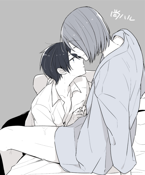 2boys bed bed_sheet black_hair bottomless closed_eyes high_speed! male_focus multiple_boys nanase_haruka_(free!) nimoda_ai partially_colored purple_hair serizawa_nao sitting text_focus yaoi
