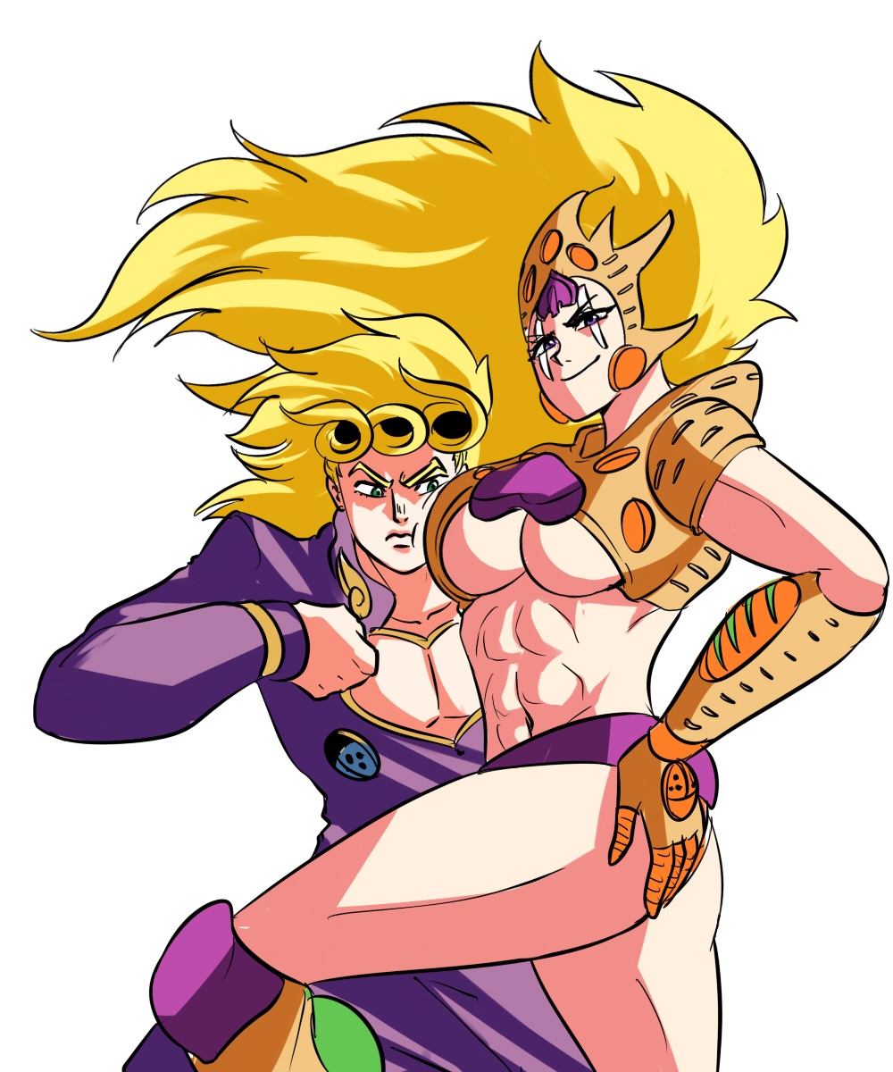 1boy 1girl abs blonde_hair breast_press breasts distracted genderswap giorno_giovanna gold_experience gold_experience_requiem highres humanized jojo_no_kimyou_na_bouken muscular muscular_female shounen_jump stand_(jojo) tinafate1 underboob vento_aureo white_background